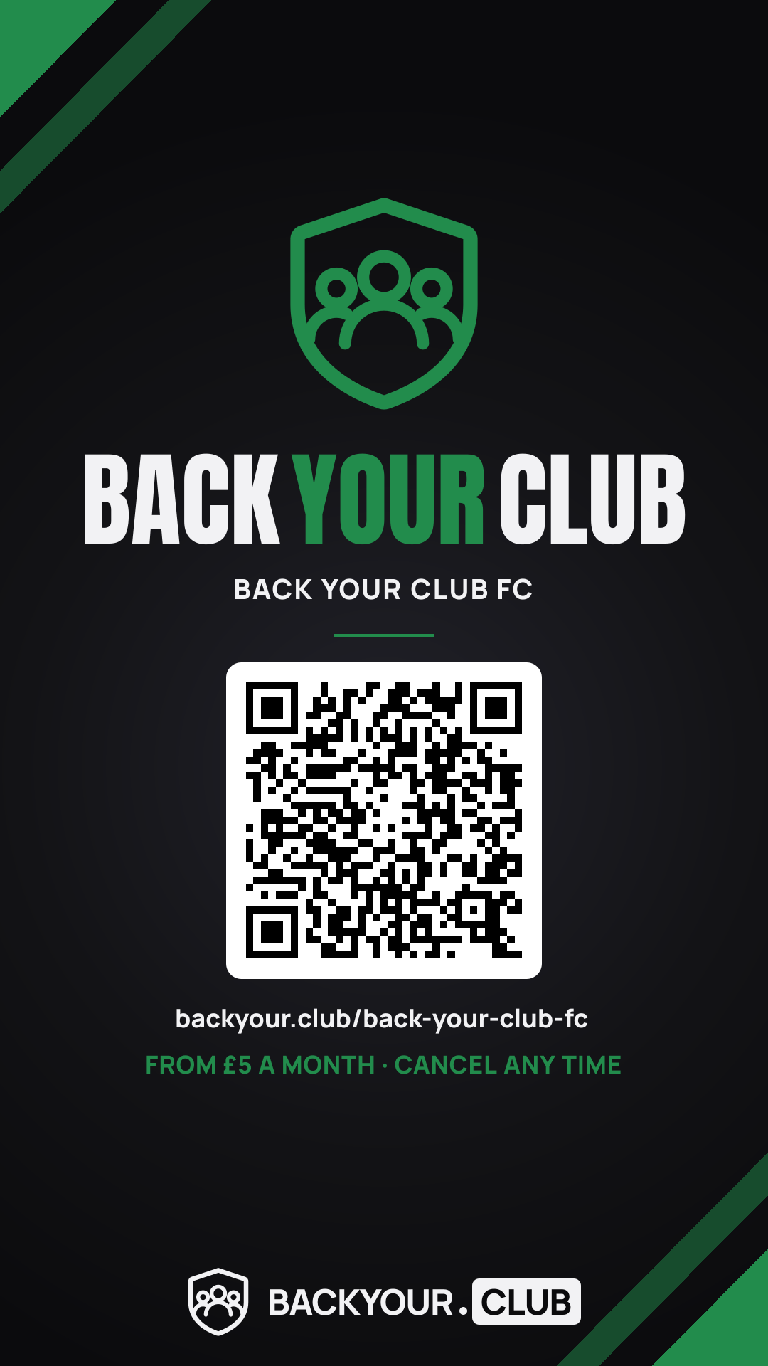 An Instagram story graphic for an example club, Back Your Club FC, with a crest, a QR code and the address backyour.club slash back-your-club-fc